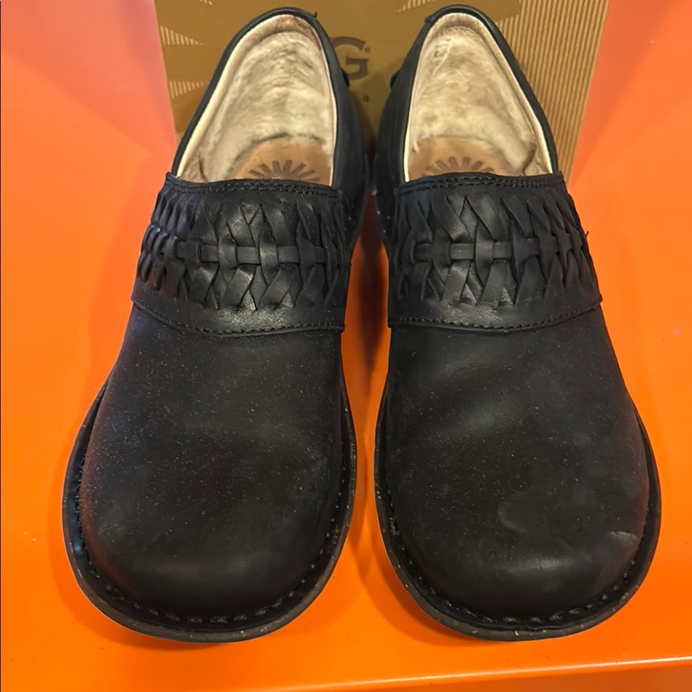 UGG Black Leather Flats with Woven Detail